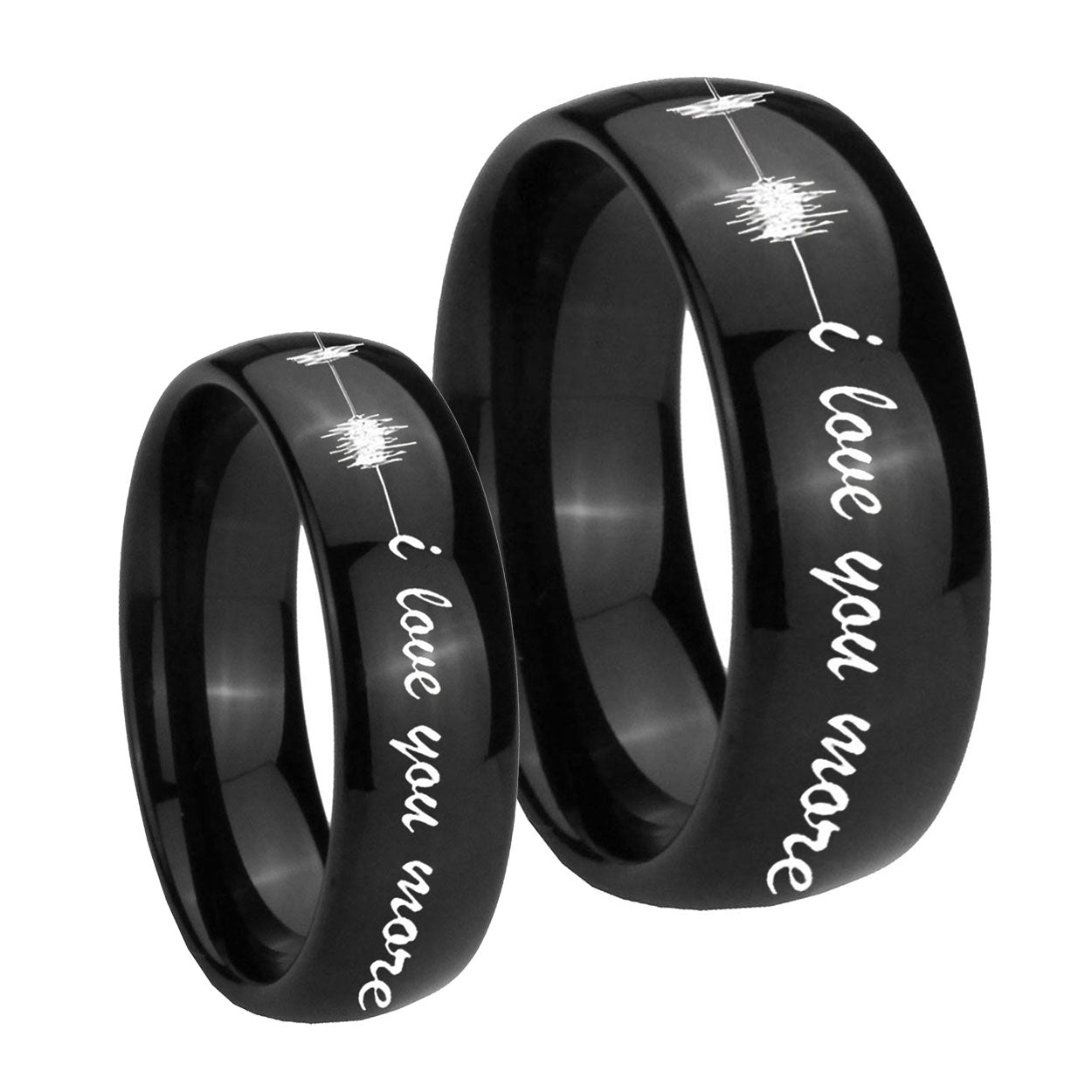 Sound Wave, I love you more Dome Black Tungsten Engagement Ring Set