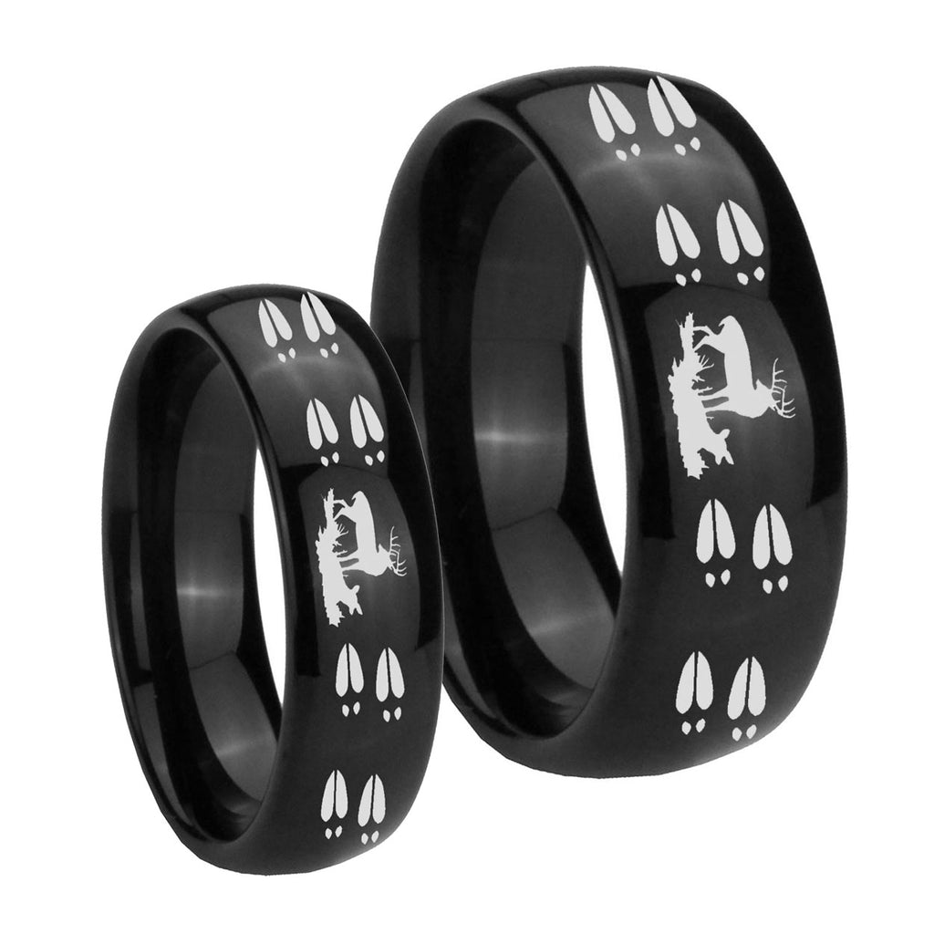 Deer Hunting Tracks Dome Black Tungsten Couples Ring Set