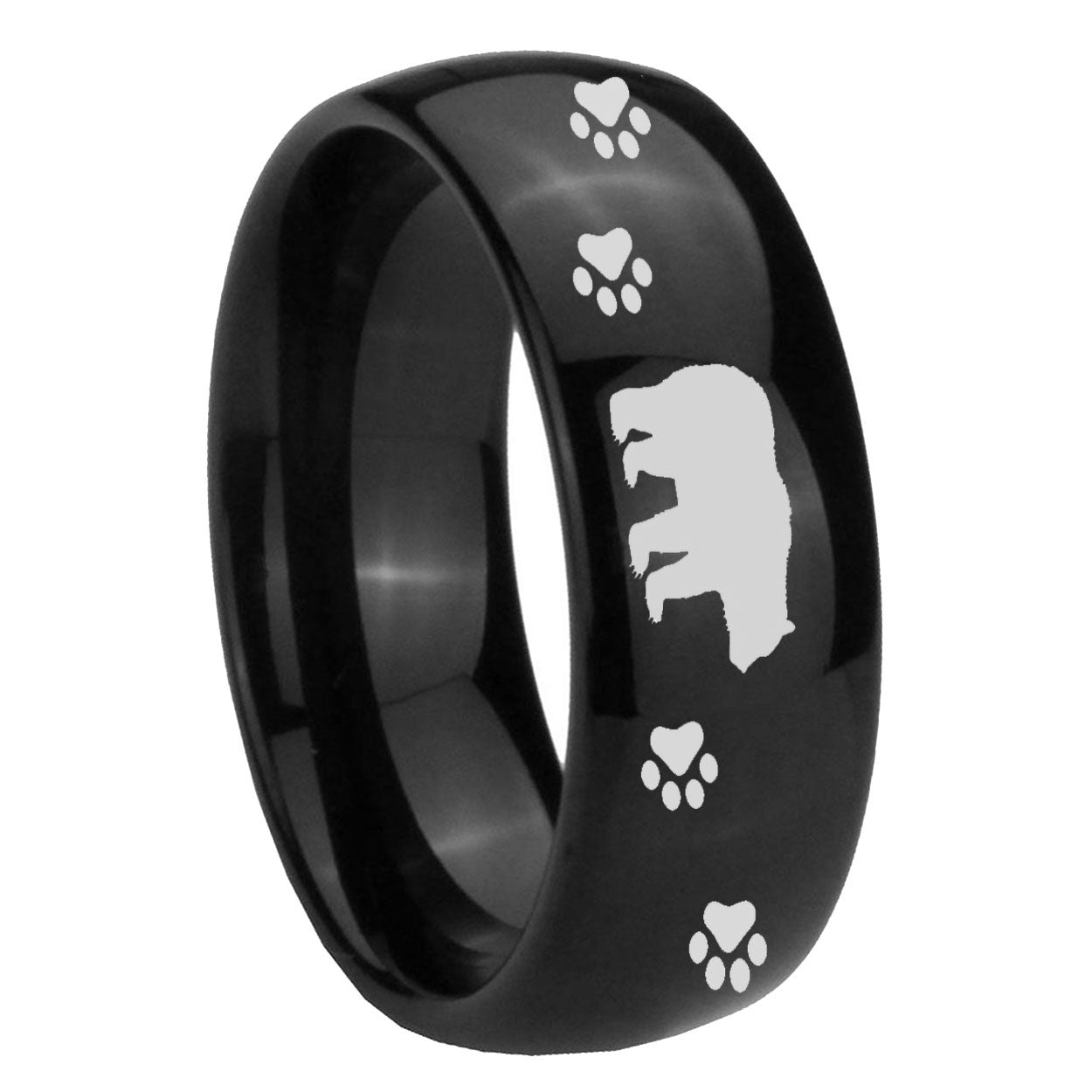 8mm Bear and Paw Dome Black Tungsten Wedding Engagement Ring