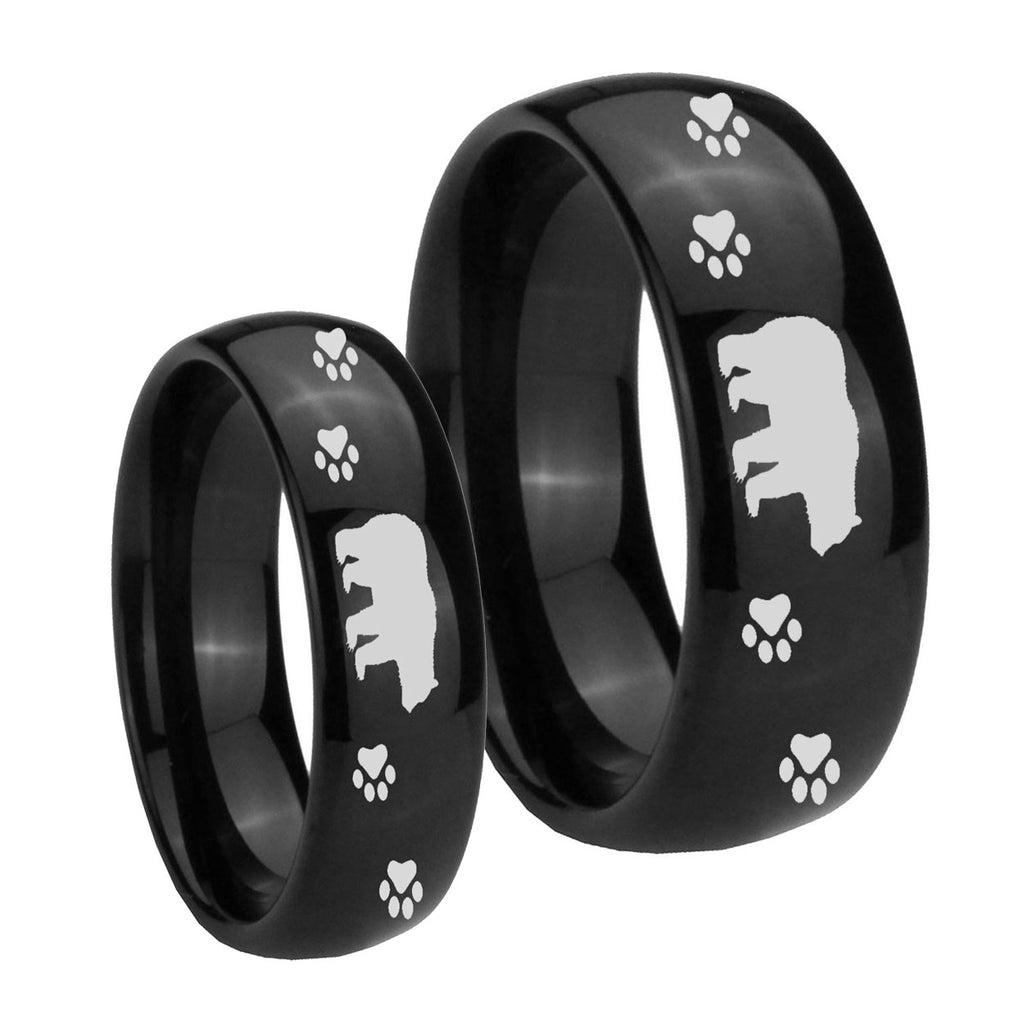 Bear and Paw Dome Black Tungsten His Hers Ring Set