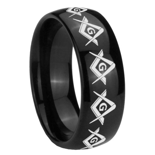 10mm Masonic Square and Compass Dome Black Tungsten Carbide Mens Anniversary Ring
