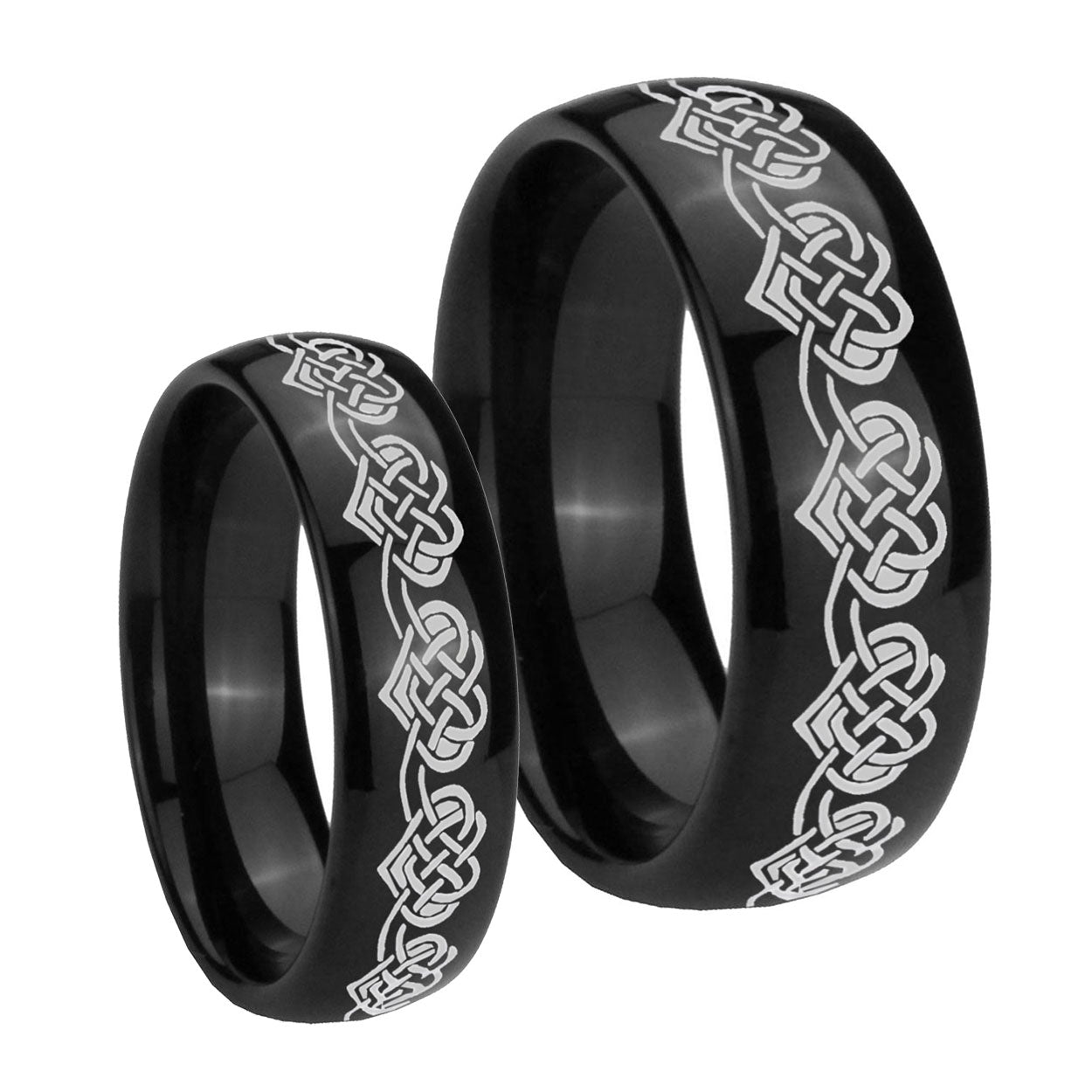 Celtic Knot Heart Dome Black Tungsten Promise Ring Set