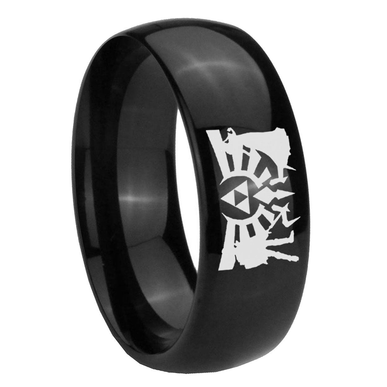 8mm Zelda Link Dome Polish Black Mens Engraved Ring