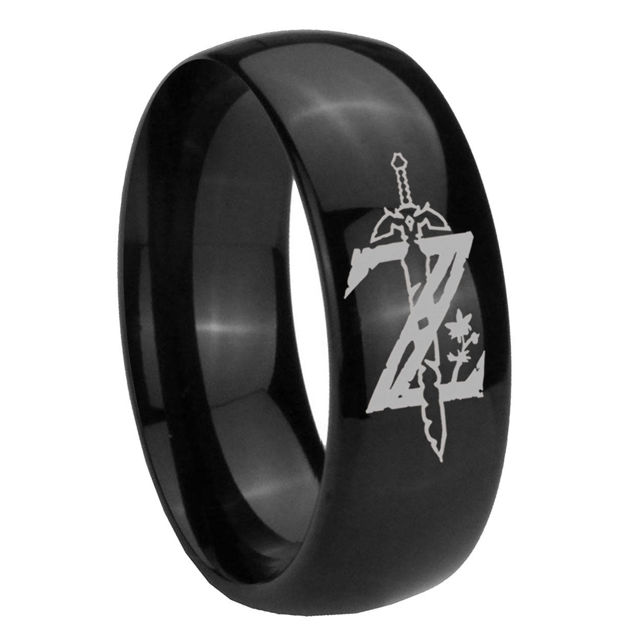 8mm Zelda Breath Of The Wild Dome Polish Black Mens Engraved Ring