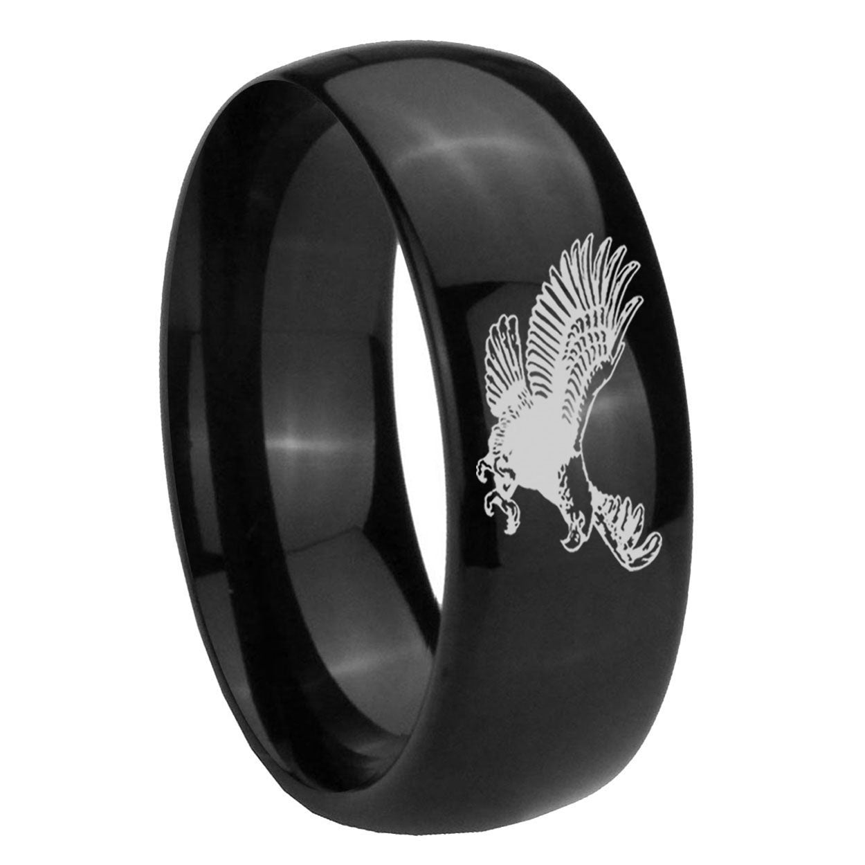 8mm Flying American Eagle Dome Polish Black Mens Engraved Ring
