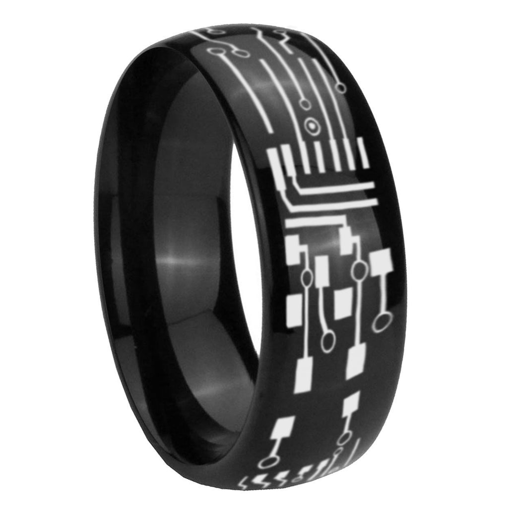 8mm Circuit Board Dome Polish Black Mens Engraved Ring