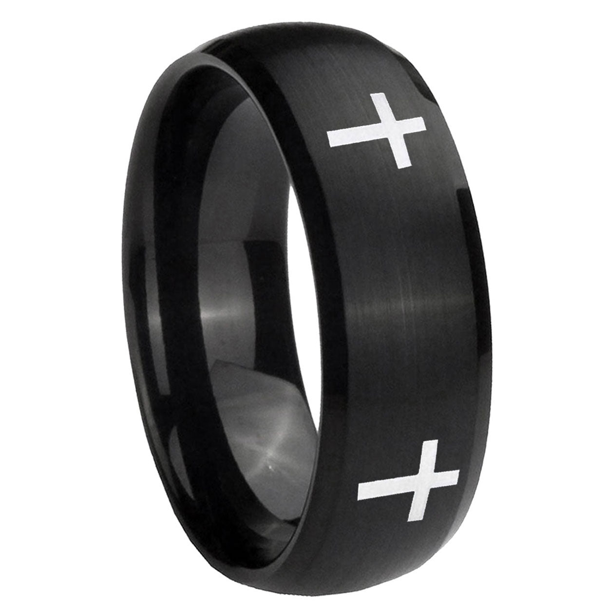 10mm Crosses Dome Brush Black Tungsten Carbide Men's Wedding Band