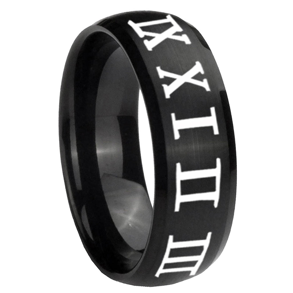 8MM Roman Numeral Dome Brush Black Tungsten Anniversary Ring