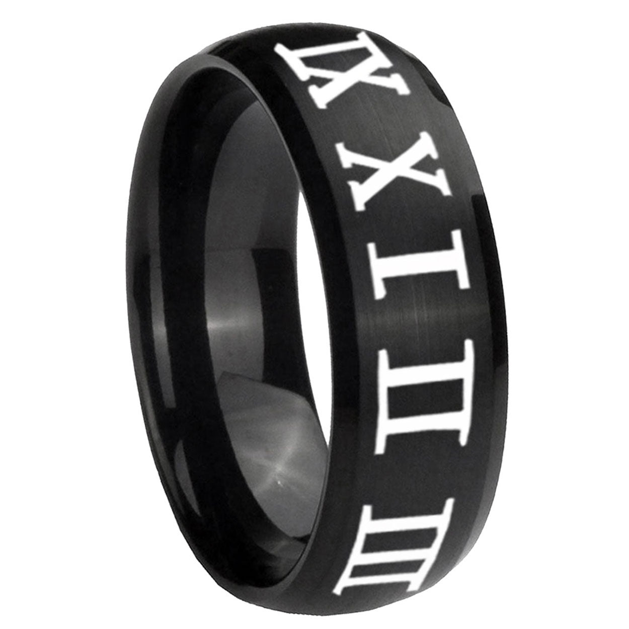 8MM Roman Numeral Dome Brush Black Tungsten Anniversary Ring
