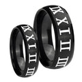 Roman Numeral Dome Brush Black Tungsten Wedding Set Rings