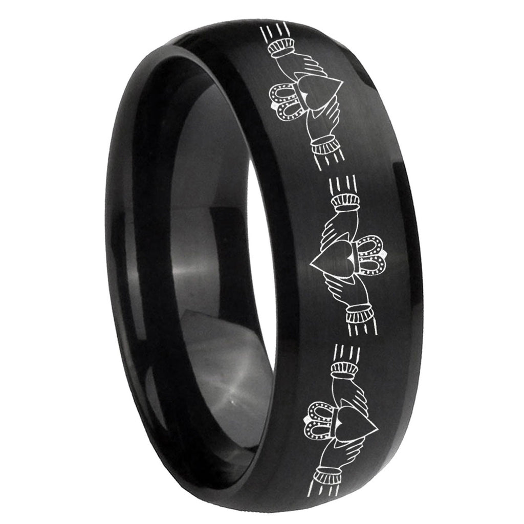 10mm Irish Claddagh Dome Brush Black Tungsten Carbide Men's Promise Rings