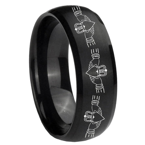 10mm Irish Claddagh Dome Brush Black Tungsten Carbide Men's Promise Rings