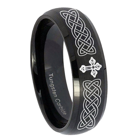 8mm-Celtic-Cross-Dome-Brush-Black-Tungsten-Carbide-Men's-Promise-Rings