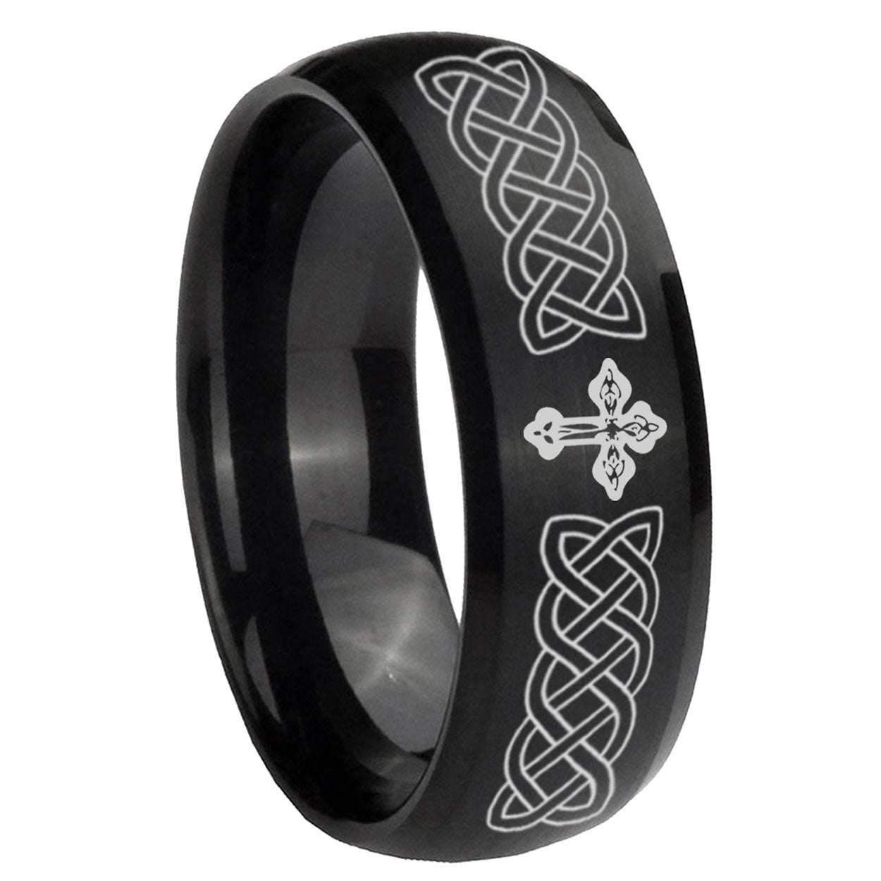 10mm Celtic Cross Dome Brush Black Tungsten Carbide Mens Wedding Ring