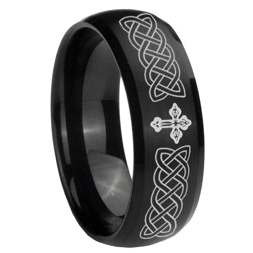 10mm Celtic Cross Dome Brush Black Tungsten Carbide Mens Wedding Ring