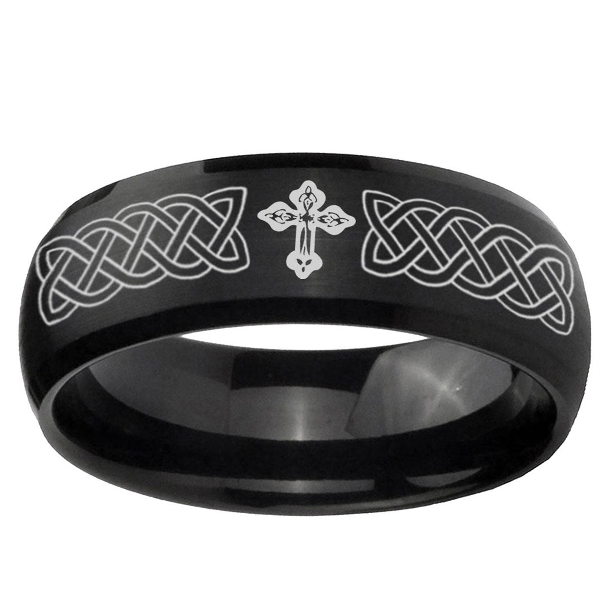 10mm Celtic Cross Dome Brush Black Tungsten Ring