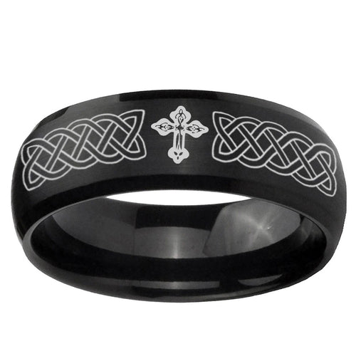 10mm Celtic Cross Dome Brush Black Tungsten Ring
