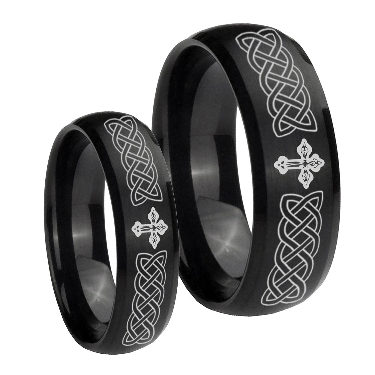 Celtic Cross Dome Brush Black Tungsten Mens Set Ring