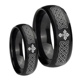 His Hers Celtic Cross Dome Brush Black Tungsten Wedding Engagement Ring Set