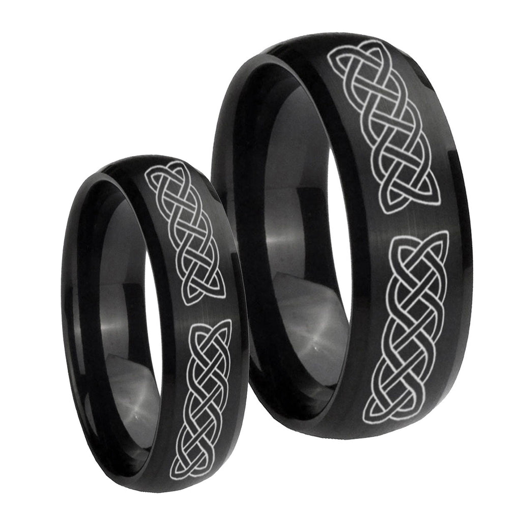 Celtic Knot Dome Brush Black Tungsten Promise Ring Set