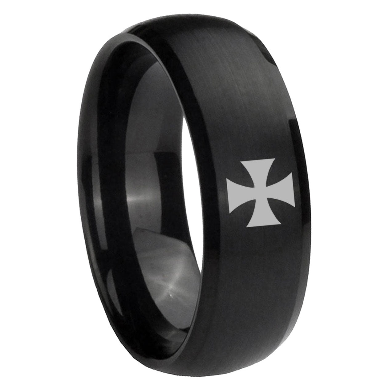 8MM Maltese Cross Dome Brush Black Tungsten Carbide Bands Ring