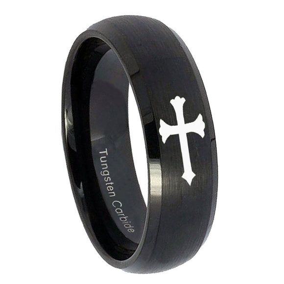 8mm-Christian-Cross-Dome-Brush-Black-Tungsten-Carbide-Men's-Wedding-Band