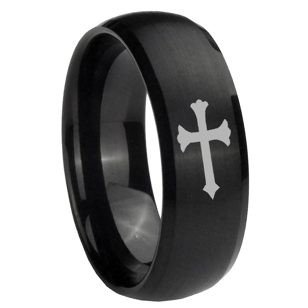 10mm Christian Cross Dome Brush Black Tungsten Carbide Wedding Band Ring