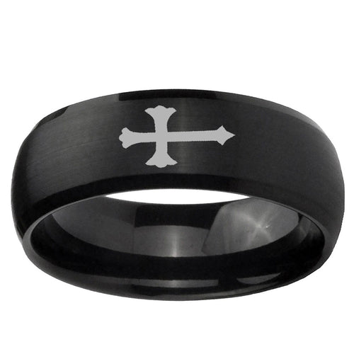 10mm Christian Cross Dome Brush Black Tungsten Ring