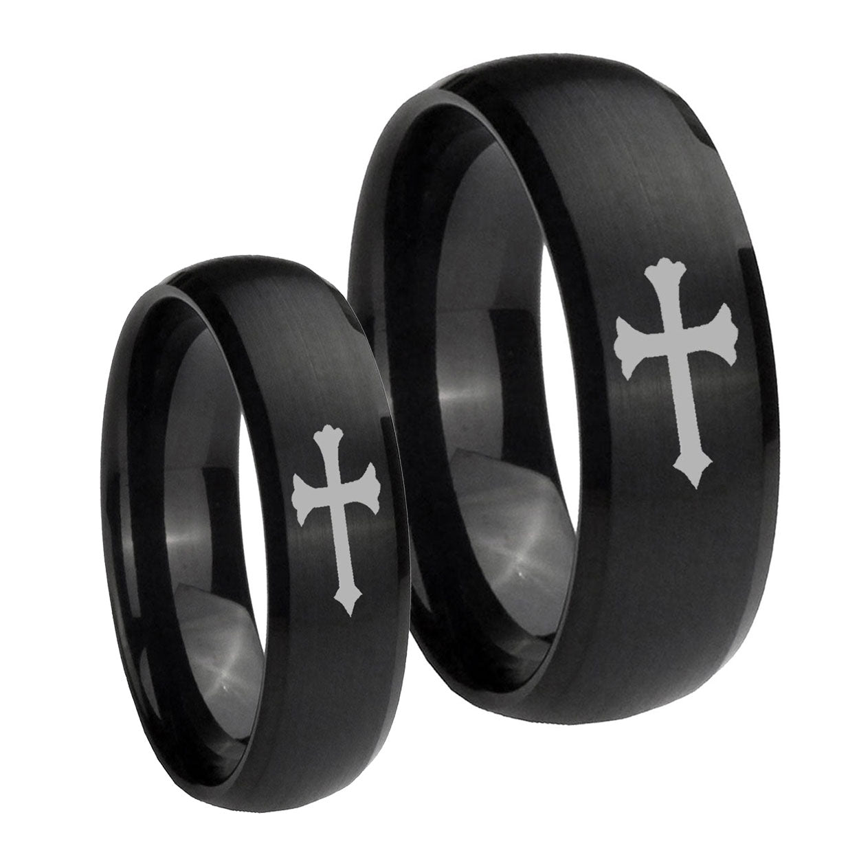 Christian Cross Dome Brush Black Tungsten Bridal Set Ring