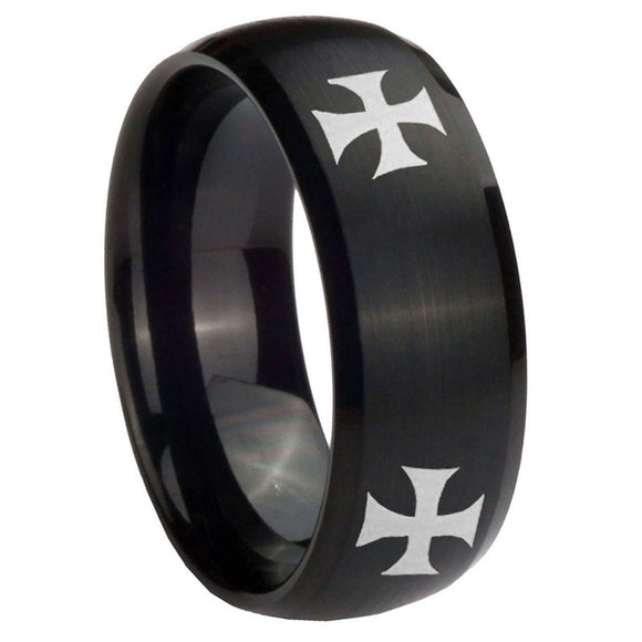 10mm-4-Maltese-Cross-Dome-Brush-Black-Tungsten-Carbide-Men's-Engagement-Band
