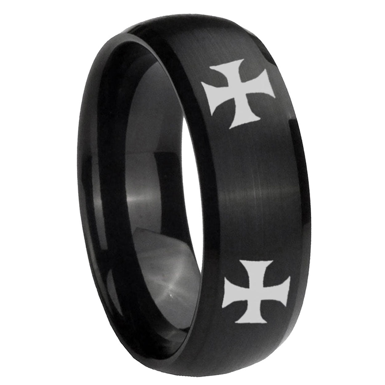 10mm 4 Maltese Cross Dome Brush Black Tungsten Carbide Men's Engagement Band