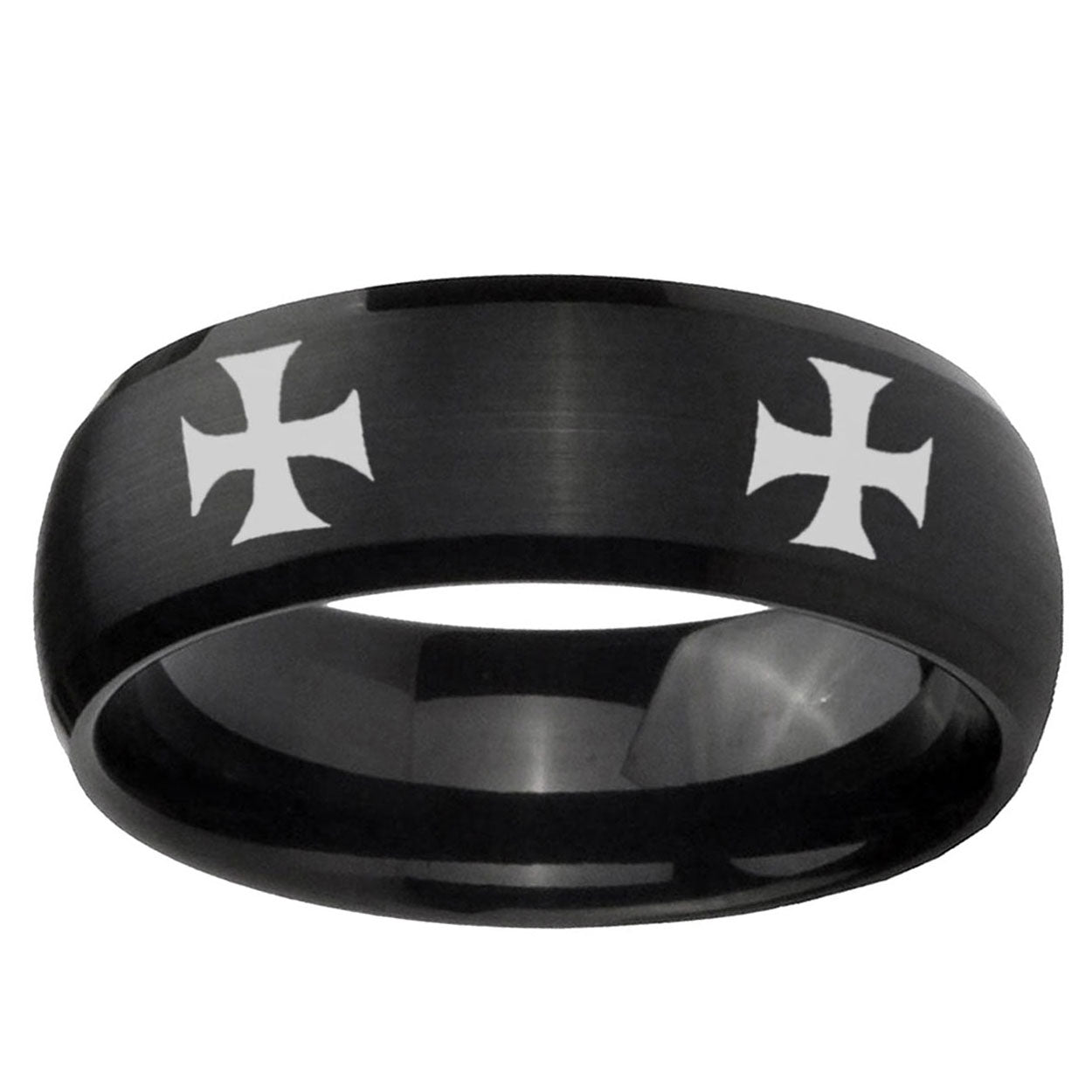 10mm 4 Maltese Cross Dome Brush Black Tungsten Ring
