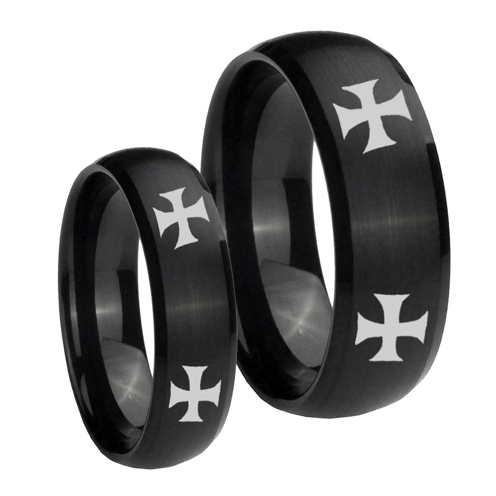 4 Maltese Cross Dome Brush Black Tungsten His Hers Ring Set
