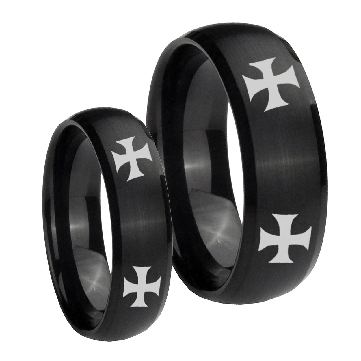 4 Maltese Cross Dome Brush Black Tungsten His Hers Ring Set