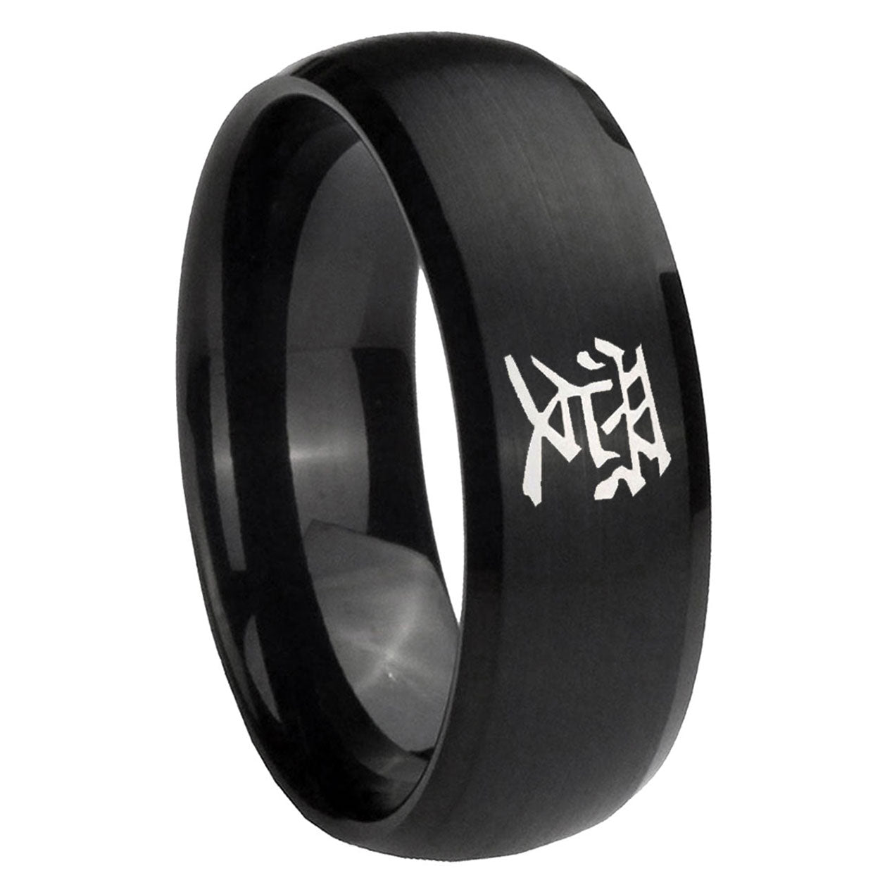 8MM Kanji Love Dome Brush Black Tungsten Wedding Bands Ring