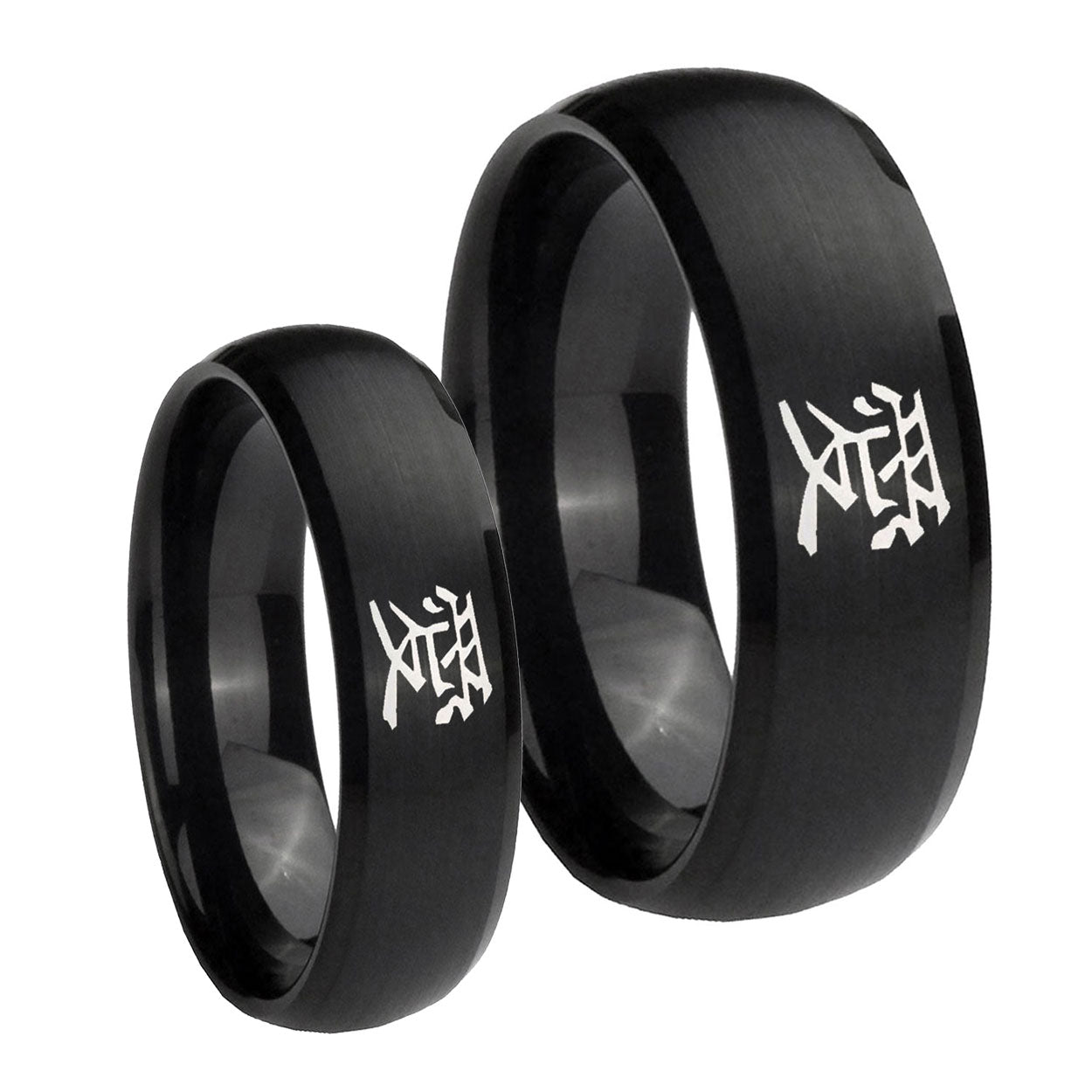 Kanji Love Dome Brush Black Tungsten Bridal Set Rings