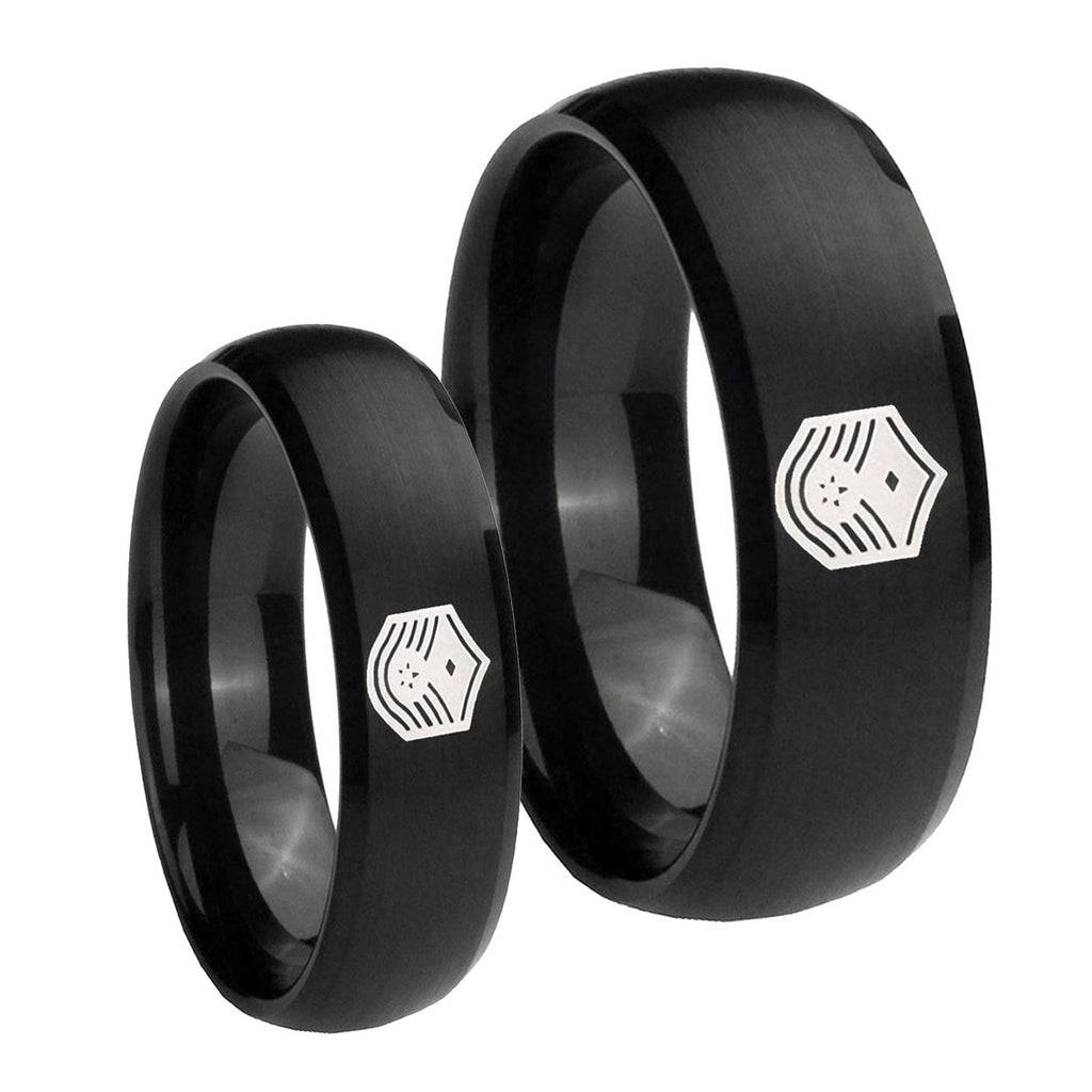 Chief Master Sergeant Vector Dome Brush Black Tungsten Wedding Ring Set