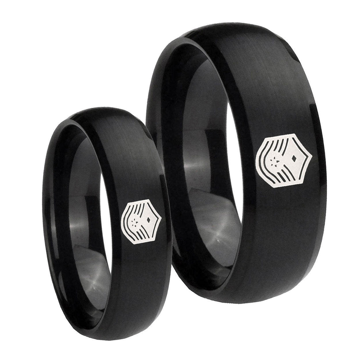 Chief Master Sergeant Vector Dome Brush Black Tungsten Wedding Ring Set
