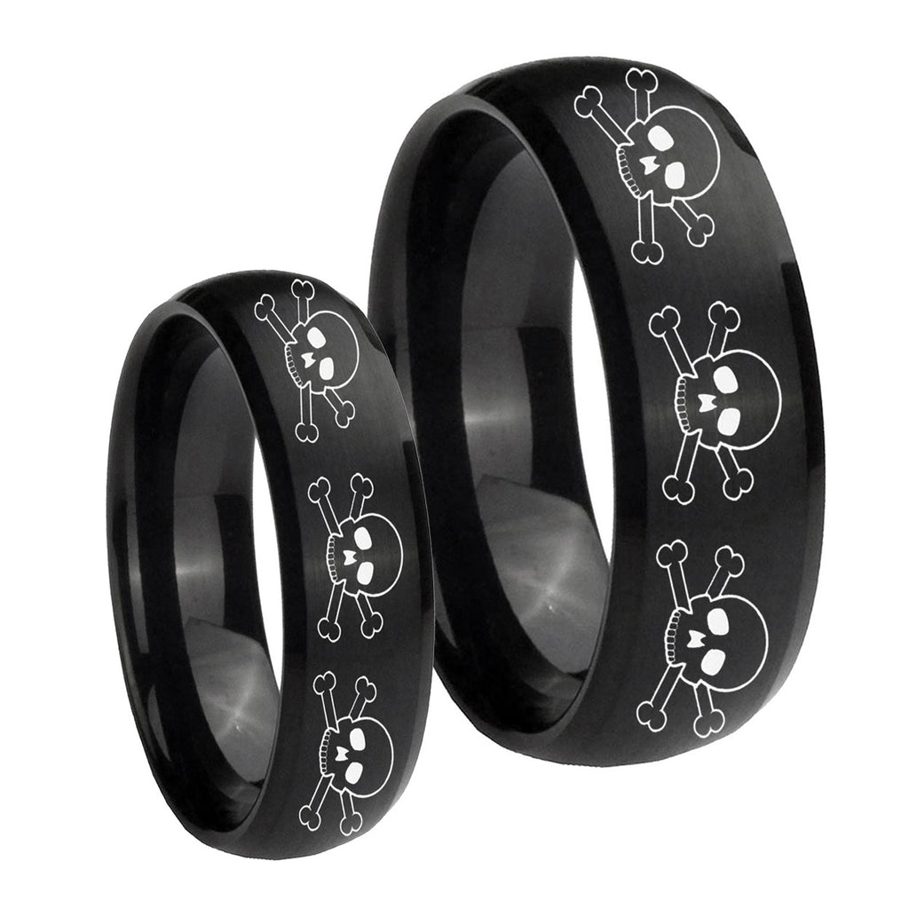 Multiple Skull Dome Brush Black Tungsten Matching Ring Set