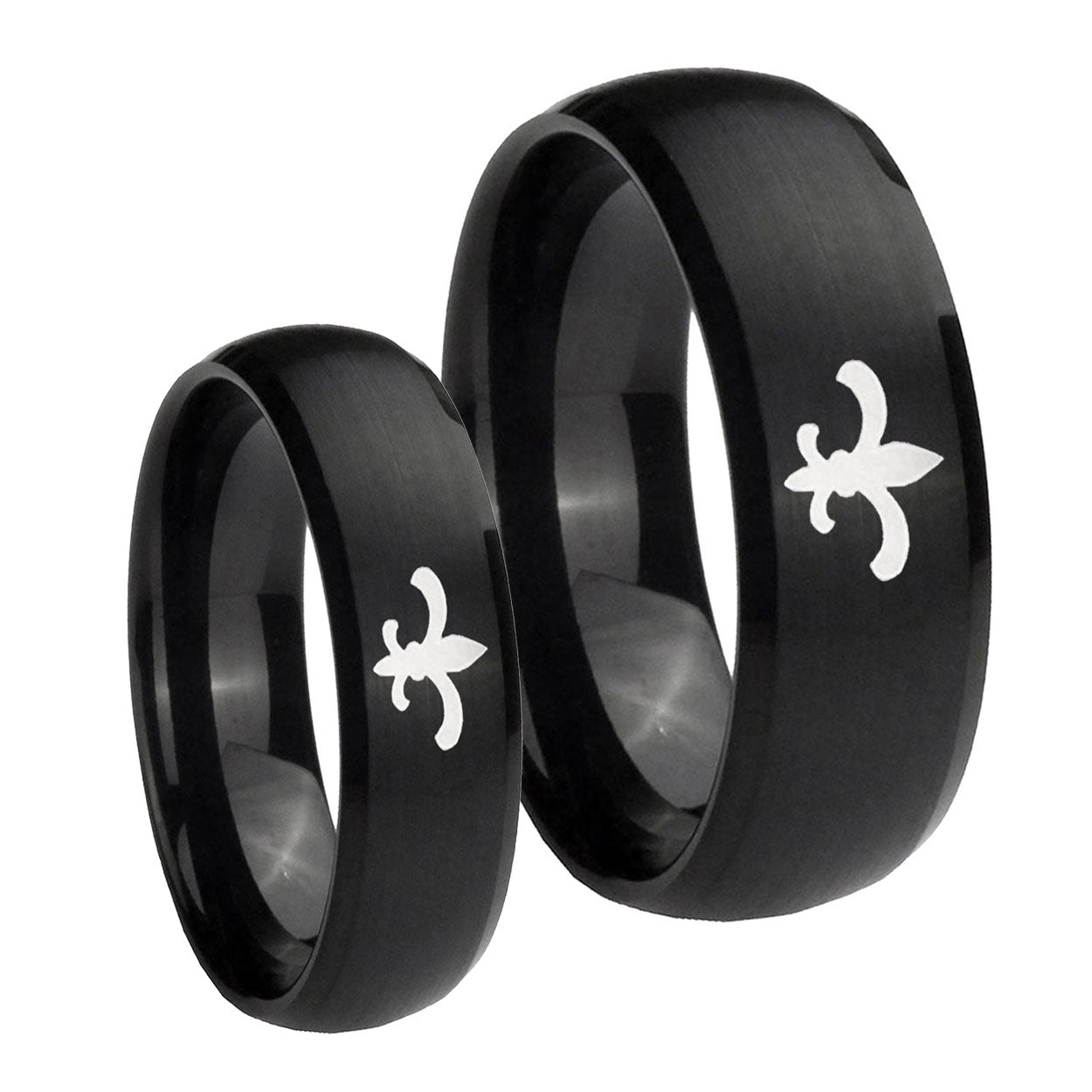 Fleur De Lis Dome Brush Black Tungsten Mens Band Set