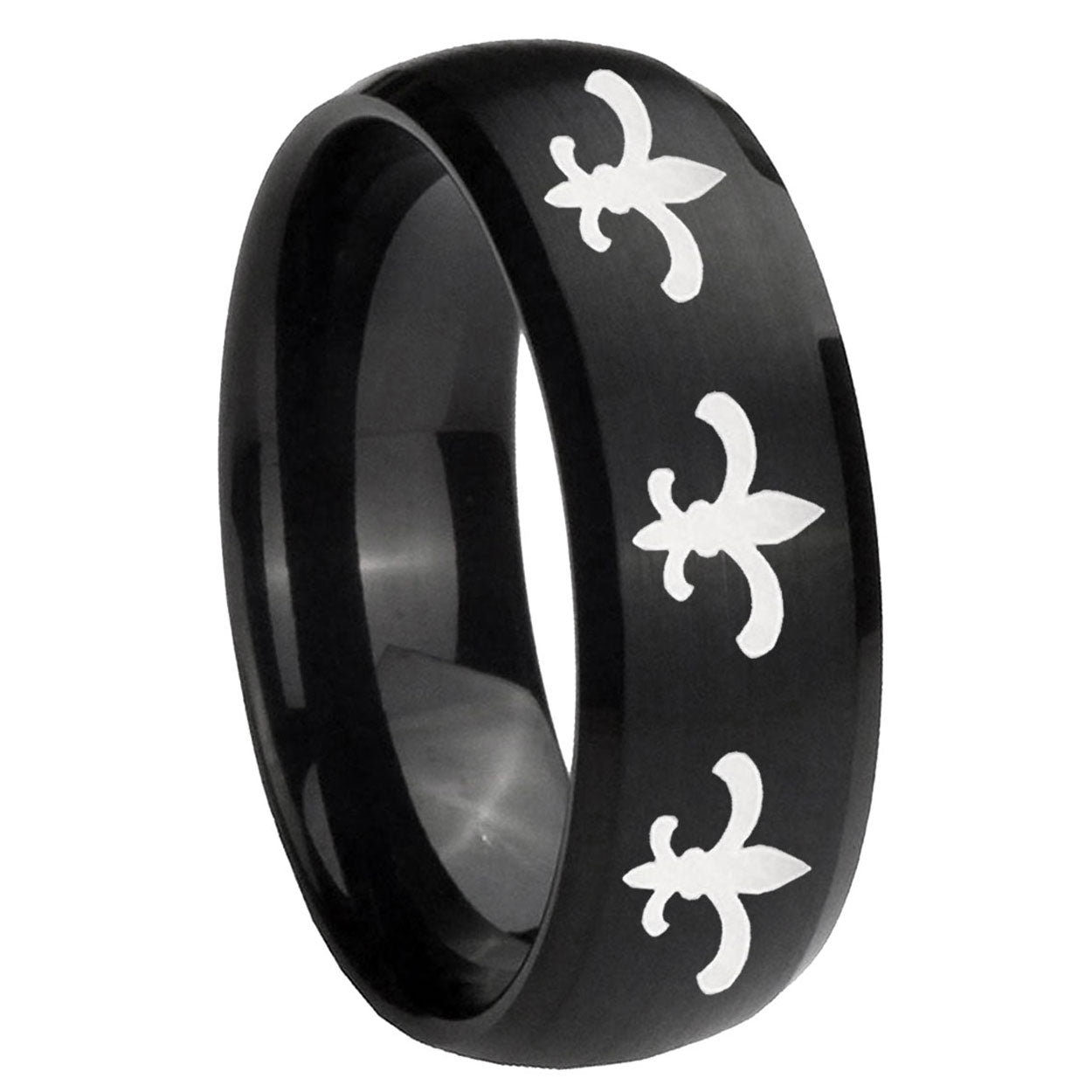 10mm Multiple Fleur Delis Dome Brush Black Tungsten Carbide Anniversary Ring