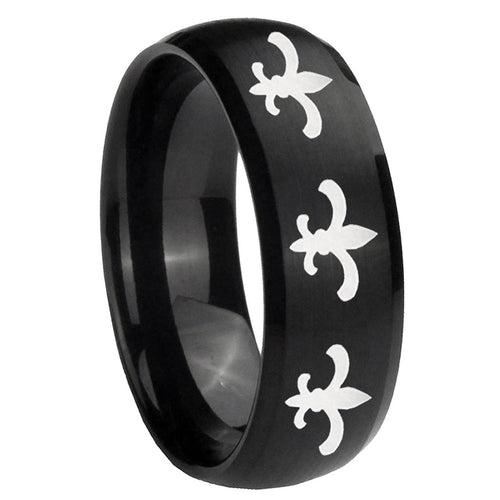 10mm Multiple Fleur Delis Dome Brush Black Tungsten Carbide Anniversary Ring