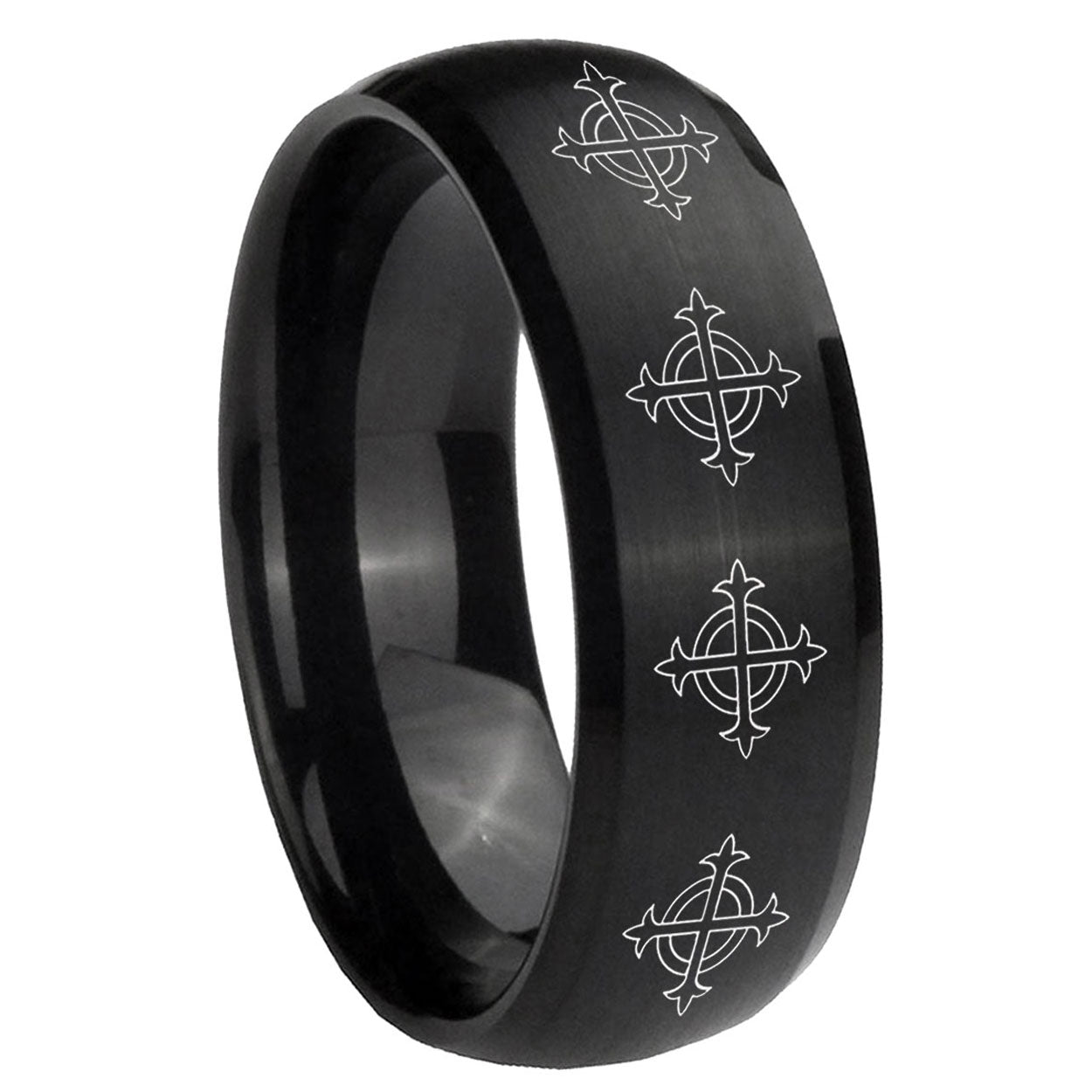 10mm Multiple Crosses Dome Brush Black Tungsten Carbide Bands Ring