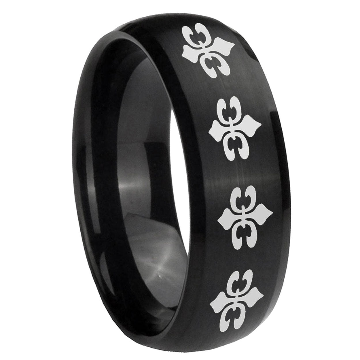 8MM Multiple Fleur-De-Lis Dome Brush Black Tungsten Ring