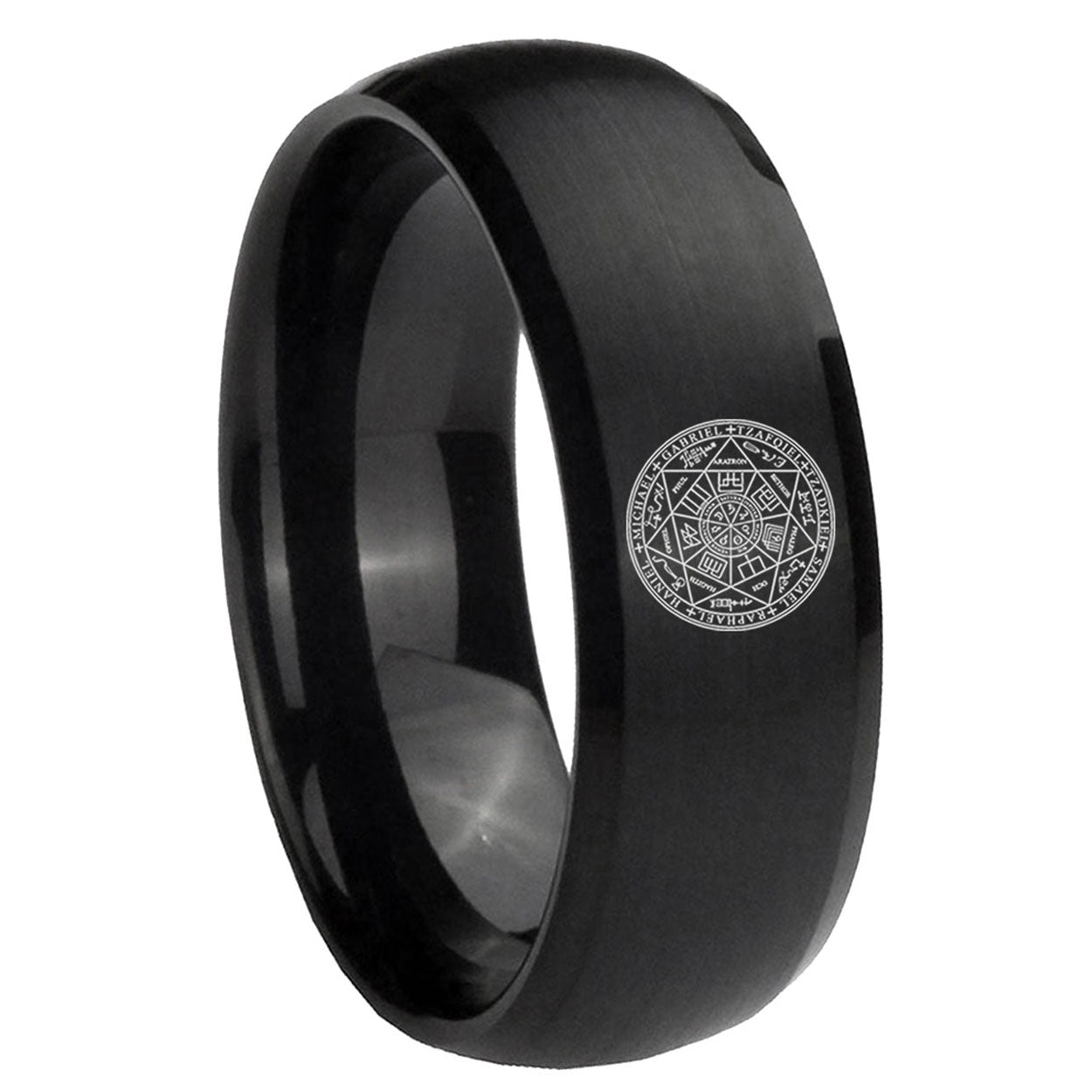 8MM Seal of Seven Archangel Dome Matte Black Mens Tungsten Ring