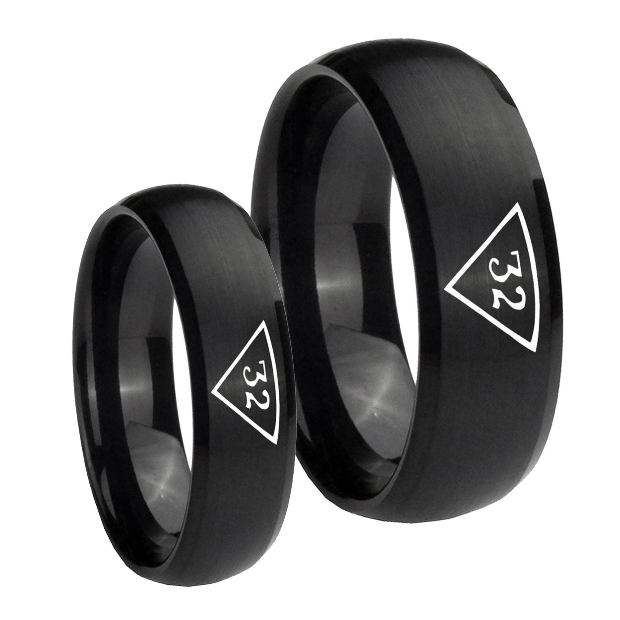 Masonic 32 Triangle Freemason Dome Brush Black Tungsten Bridal Ring Set