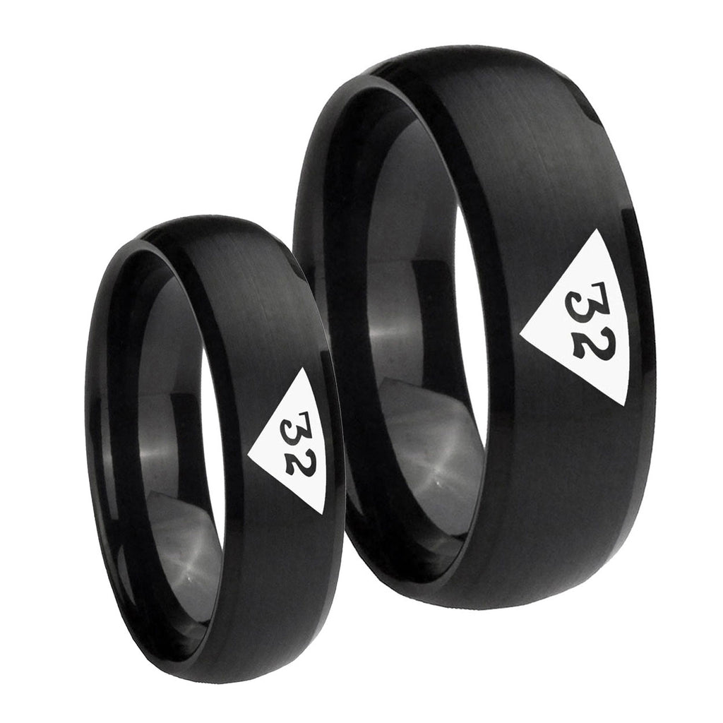 Masonic 32 Triangle Design Freemason Dome Brush Black Tungsten Matching Ring Set