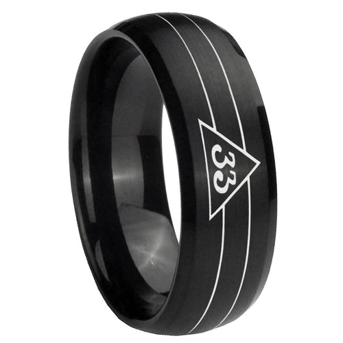 10mm Masonic 32 Duo Line Freemason Dome Brush Black Tungsten Carbide Men's Wedding Band