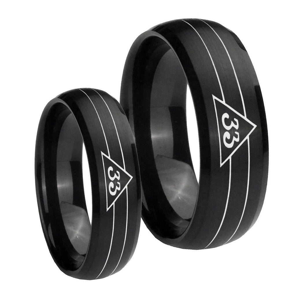 Masonic 32 Duo Line Freemason Dome Brush Black Tungsten Bridal Band Set