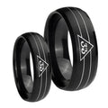 Masonic 32 Duo Line Freemason Dome Brush Black Tungsten Bridal Band Set